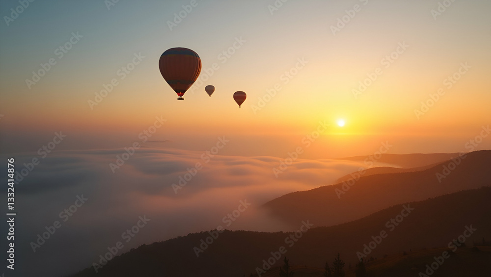 Naklejka premium Epic Hot Air Balloon Flight at Sunrise: Aerial Views of Foggy Mountains & Freedom Adventure Branding