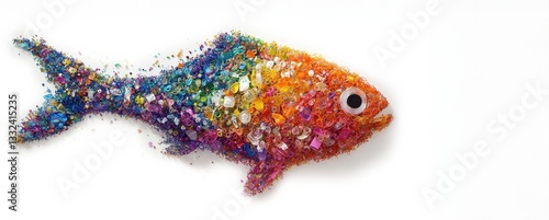 Sardine fish covered with glittering plastic particles. Health risk for human with ingestion of microplastic in food. Concept of danger for inflammation and immune system, body dysfunction.