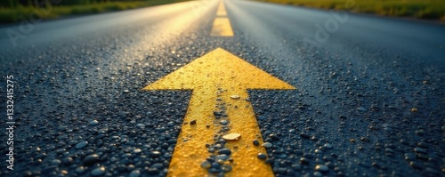Newly paved road featuring a bright yellow arrow , pavement, sign