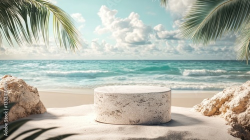 Wallpaper Mural Concept of showcasing products on stone podium in tropical beach setting Torontodigital.ca