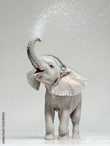A baby elephant being playfully sprayed with water, plain backdrop --ar 3:4