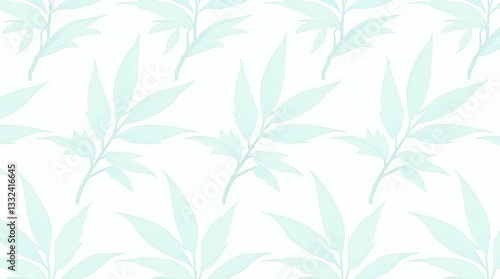 Flat Coastal bamboo leaves seamless tile pattern with airy bamboo and light blue accents on white background ideal for beach inspired rooms concept as Airy bamboo and light blue accents on white backg