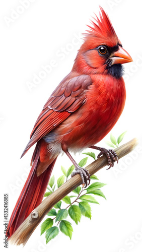 Cardinal on a Branch: A vibrantly colored male cardinal perched on a tree branch, showcasing its striking red plumage and distinctive crest against the clean background.