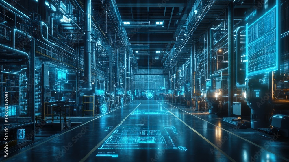 A high-tech industrial complex with a glowing blue holographic digital twin system mapping real-time processes. A high-tech industrial complex with a glowing blue holographic digital twin system mapping real-time processes.
