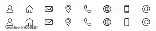 Simple contact icon set – phone, mail, address, user, web, location – flat line design