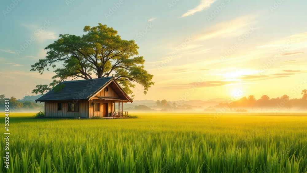 A peaceful farmhouse nestled in a golden rice field, bathed in the warm glow of sunrise A peaceful farmhouse nestled in a golden rice field, bathed in the warm glow of sunrise