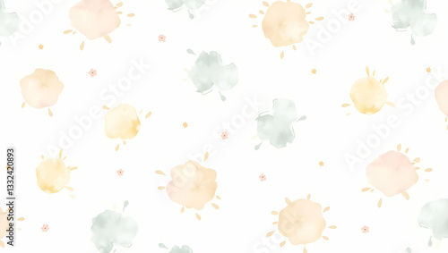 Flat Whimsical watercolor buttercup seamless pattern with pastel splashes and drips on white concept as Whimsical watercolor buttercups with pastel splashes and drips forming a playful seamless patter