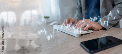 Businessman using tablet and computer to analyze sales data, economic growth chart