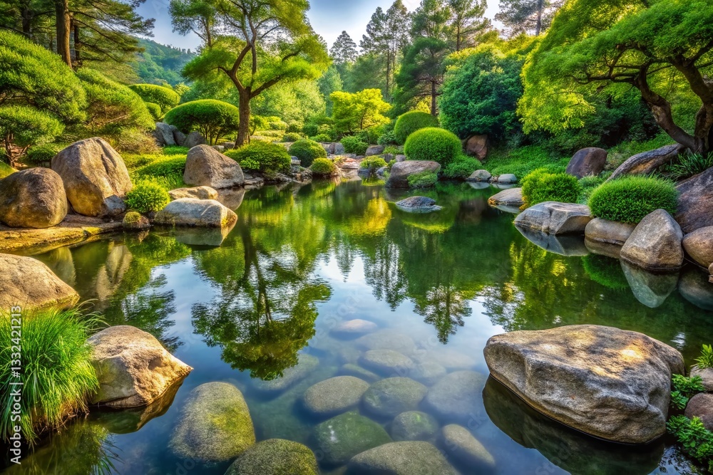 Tranquil Pond Oasis: Serene Nature Scene with Lush Greenery and Reflective Water Tranquil Pond Oasis: Serene Nature Scene with Lush Greenery and Reflective Water