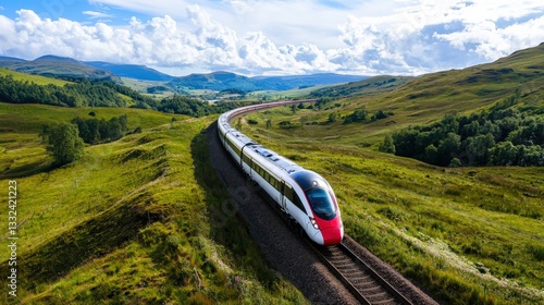 A hydrogen-powered train traveling through a lush countryside.