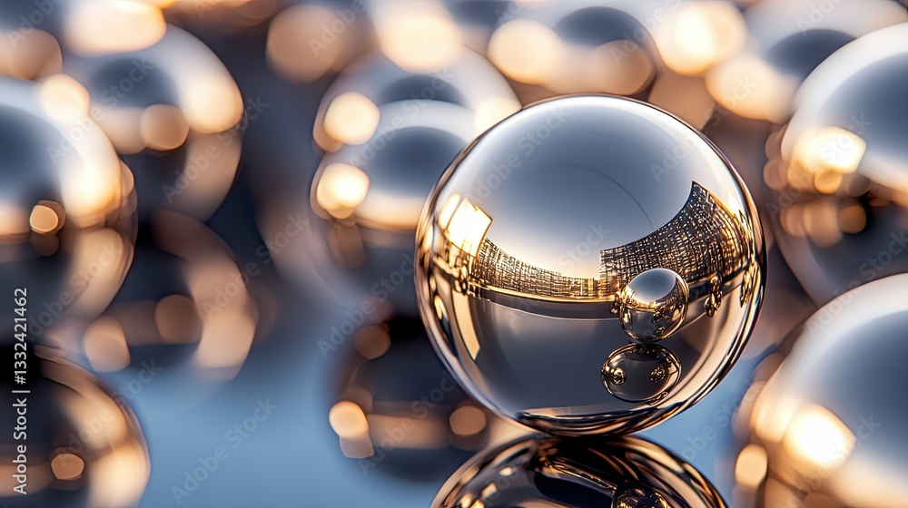 Shiny bronze spheres rest on a sleek reflective surface, creating an elegant metallic composition with depth and symmetry Shiny bronze spheres rest on a sleek reflective surface, creating an elegant metallic composition with depth and symmetry