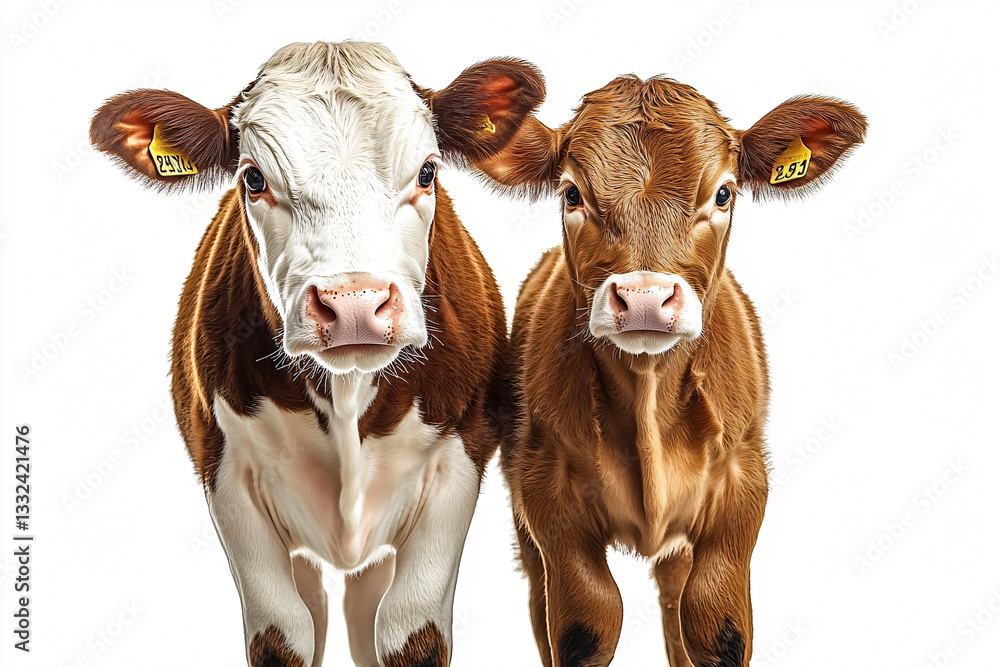 A photorealistic image of a mother cow and calf, perfect for showcasing family themes in agriculture, animal care, and children's education. Ideal for farm-related events. A photorealistic image of a mother cow and calf, perfect for showcasing family themes in agriculture, animal care, and children's education. Ideal for farm-related events.