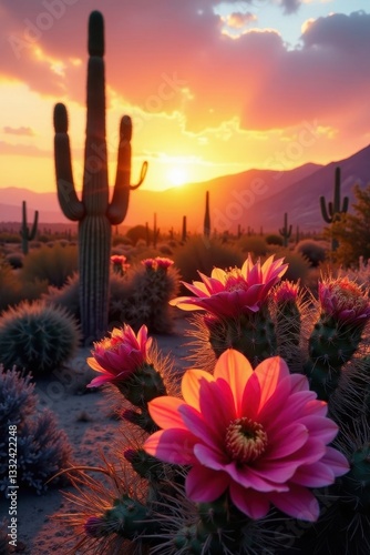 Sunset casts long shadows on blooming desert cactus, natural environment, nature photography, arid