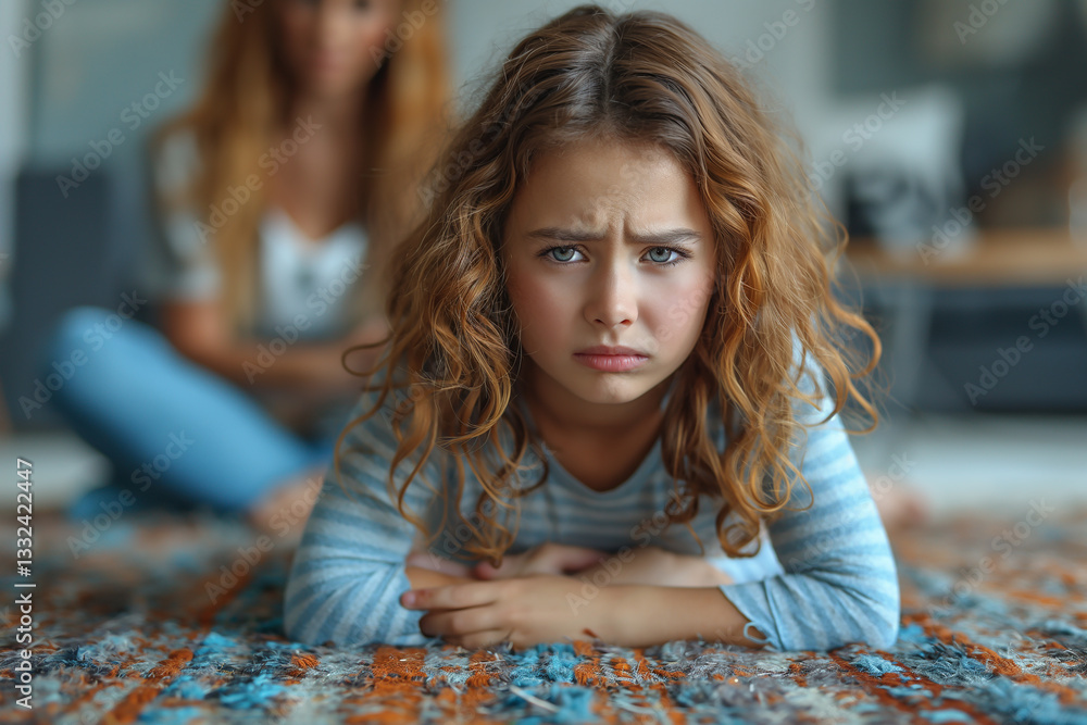Fototapeta premium A girl with brown hair is sitting on the floor and looking down
