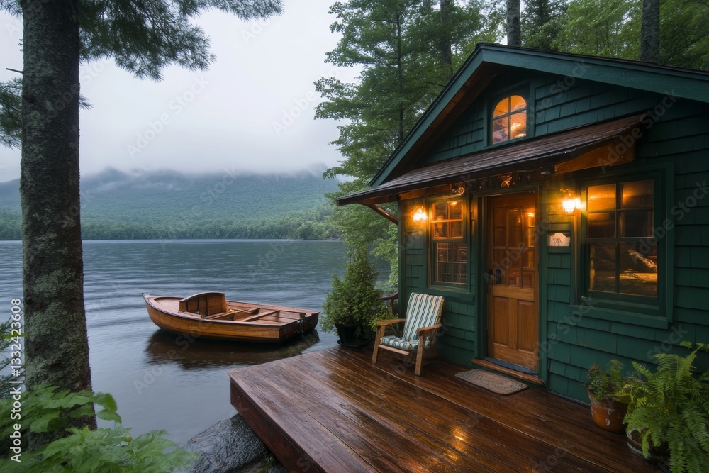 A charming boathouse with a deck extending over calm water, where a small wooden rowboat is tied A charming boathouse with a deck extending over calm water, where a small wooden rowboat is tied