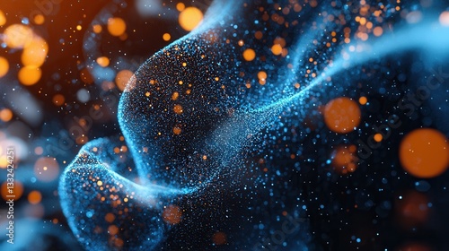 Mesmerizing digital space tunnel filled with a swirling flow of vibrant luminescent blue particles creating a surreal and futuristic atmosphere
