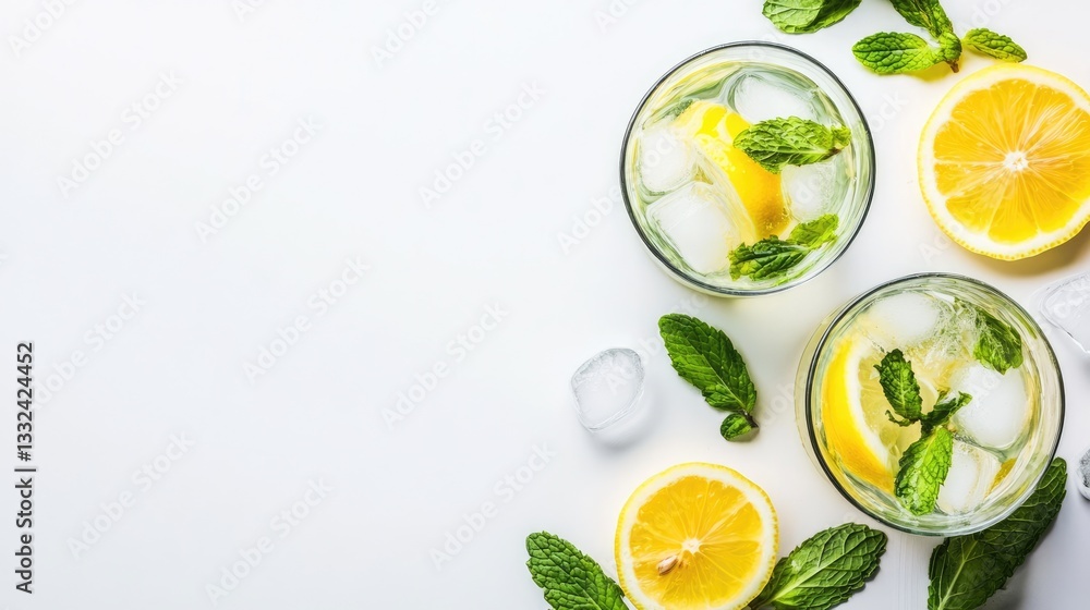 Refreshing summer beverages with lemon, mint, and ice. Ample white space. Refreshing summer beverages with lemon, mint, and ice. Ample white space.