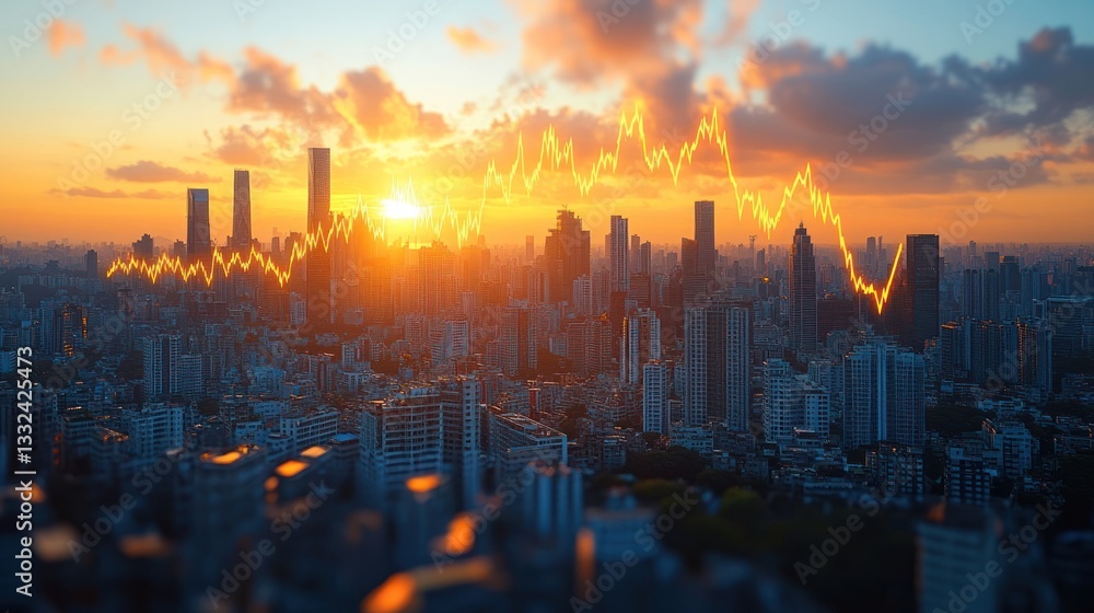 Obraz premium Dramatic sunset cityscape with superimposed stock market graph showing upward and downward trends.