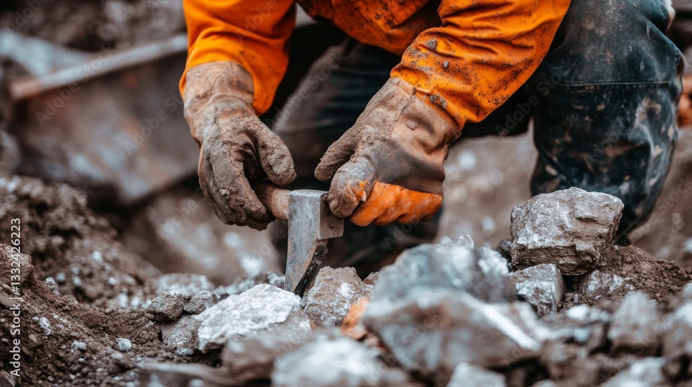 Working hands breaking coal rocks with pickaxe in the mine close-up Working hands breaking coal rocks with pickaxe in the mine close-up
