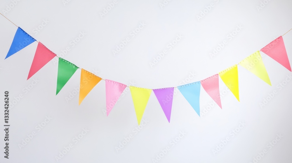 Fototapeta premium Vibrant pennant banner on white backdrop. Celebration garland with flags. Festive scene.