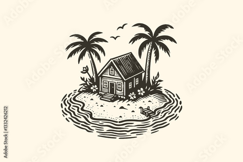 Small tropical island with palms and house, vintage black icon