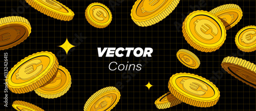Bright golden coins are falling or flying in dark background.