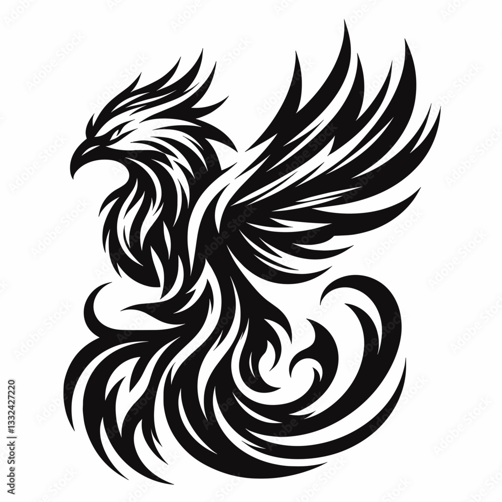Majestic Phoenix with Tribal Pattern Wings in Rising Position for Tattoos and T-Shirt Prints Majestic Phoenix with Tribal Pattern Wings in Rising Position for Tattoos and T-Shirt Prints