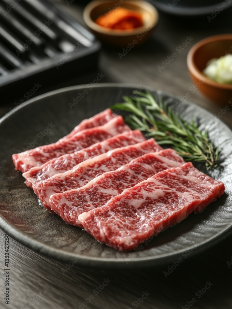Slices of premium wagyu beef, rich in marbling, elegantly presented on a plate with rosemary, highlighting gourmet dining and culinary luxury. Slices of premium wagyu beef, rich in marbling, elegantly presented on a plate with rosemary, highlighting gourmet dining and culinary luxury.