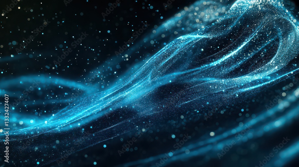 3D-rendered holographic energy flows in neon blue shades, cascading across a dark space like silk in motion. 3D-rendered holographic energy flows in neon blue shades, cascading across a dark space like silk in motion.