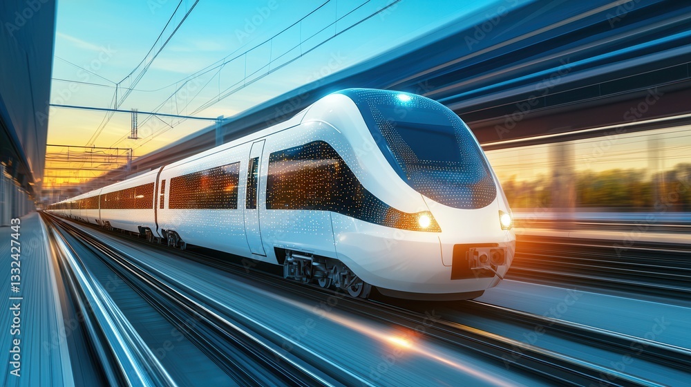 A high speed train races through the countryside its sleek form blurred by its rapid movement against a backdrop of blue tinted evening light