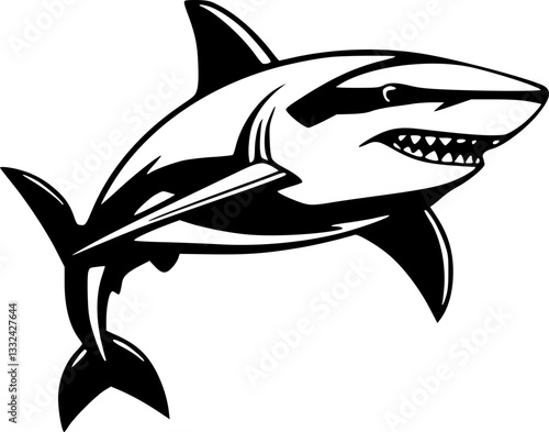 Great white shark swimming in monochrome black and white underwater wildlife ocean nature sea creature predator fins waves deep water illustration vector graphic design art print digital commercial li