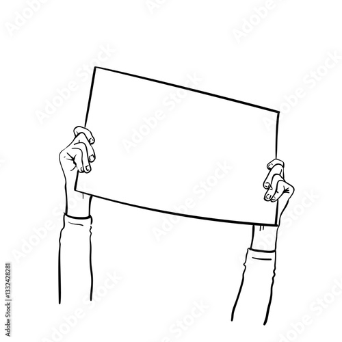 Hand drawn sketch of hands holding up a blank protest sign. Black and white line art vector, isolated on a white background