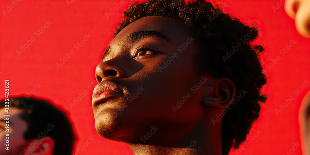 Fototapeta premium Close-up Portrait of a Young Person Against Red Background