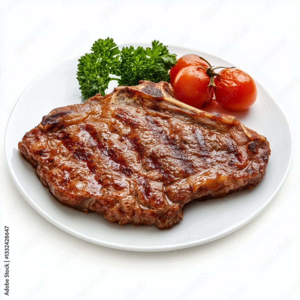 A perfectly grilled ribeye steak rests on a white plate, accompanied by fresh tomatoes and bright parsley, creating a visually appealing and savory meal.