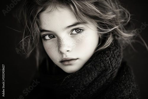 A dramatic black-and-white portrait of a girl, her face half-lit and her gaze intense, conveying deep emotion