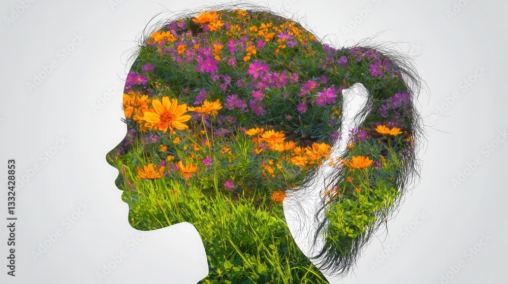 Ethereal double exposure portrait of a young woman s face blended with a vibrant lush floral landscape creating a dreamlike imaginative and poetic visual expression