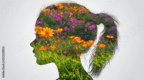 Obraz na płótnie Ethereal double exposure portrait of a young woman s face blended with a vibrant lush floral landscape creating a dreamlike imaginative and poetic visual expression w salonie