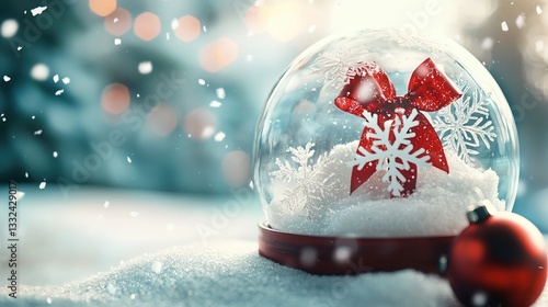 A festive snow globe adorned with a red bow and snowflakes surrounded by a soft blurred winter wonderland scene with falling snowflakes creating a serene cozy atmosphere