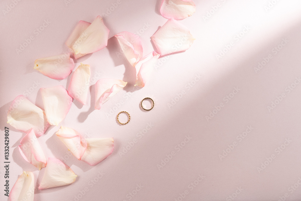 Rose petals with engagement rings on a pink background. Flat lay, top view. Copy space Rose petals with engagement rings on a pink background. Flat lay, top view. Copy space