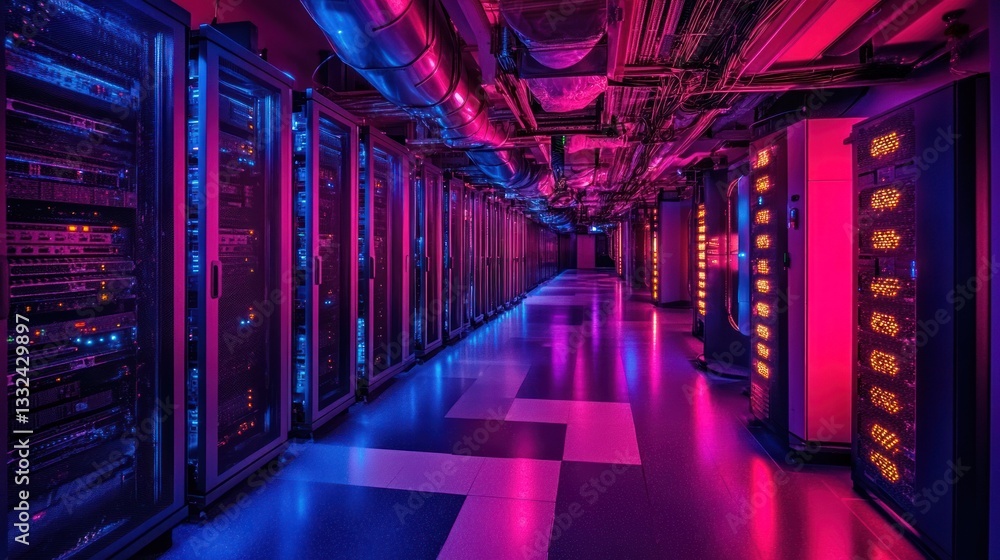Fototapeta premium Neon-lit Server Room: A Glimpse into the Digital Core