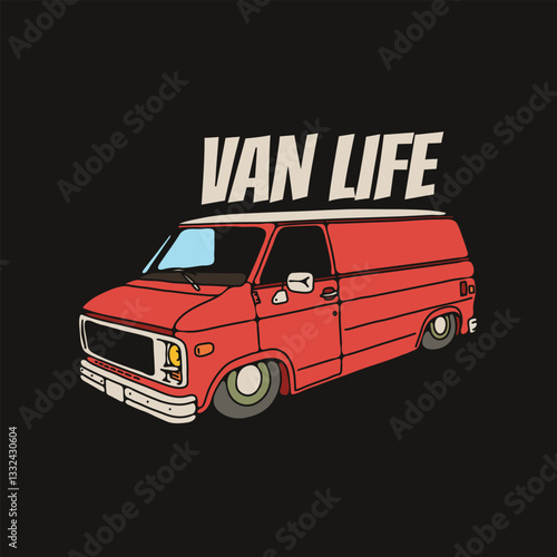 Van Life. Old vintage low van . Vector illustration