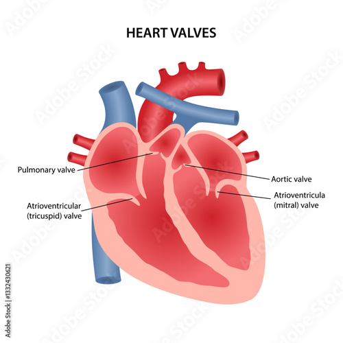 Heart valves. Medical illustration of the human heart with the location of the valves: aortic, pulmonary, tricuspid and mitral. Vector illustration in flat style