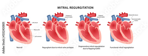 Mitral regurgitation, heart defect. Medical illustration of a healthy heart and pathological changes in the mitral valve. Vector illustration in a flat style