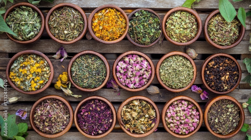 Herbal and Floral Tea Collection in Natural Setting Herbal and Floral Tea Collection in Natural Setting