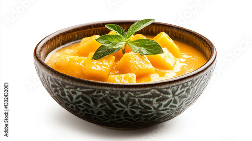 A bowl of traditional Thai dessert, mango sticky rice, isolated on a white background --ar 16:9