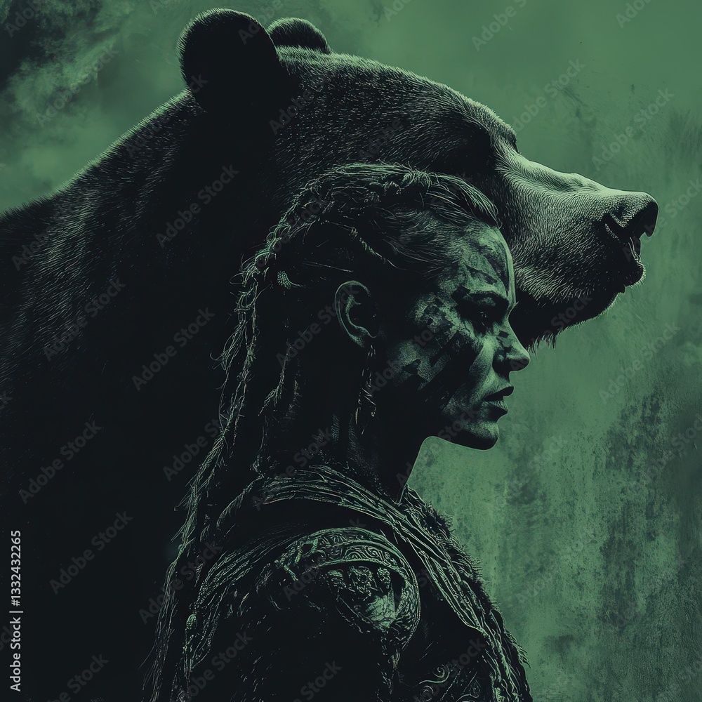 custom made wallpaper toronto digitalA brave Celtic warrior woman with tribal face paint and a black bear behind her. A symbol of strength, resilience, and connection to nature. Perfect for fantasy and mythology themes.