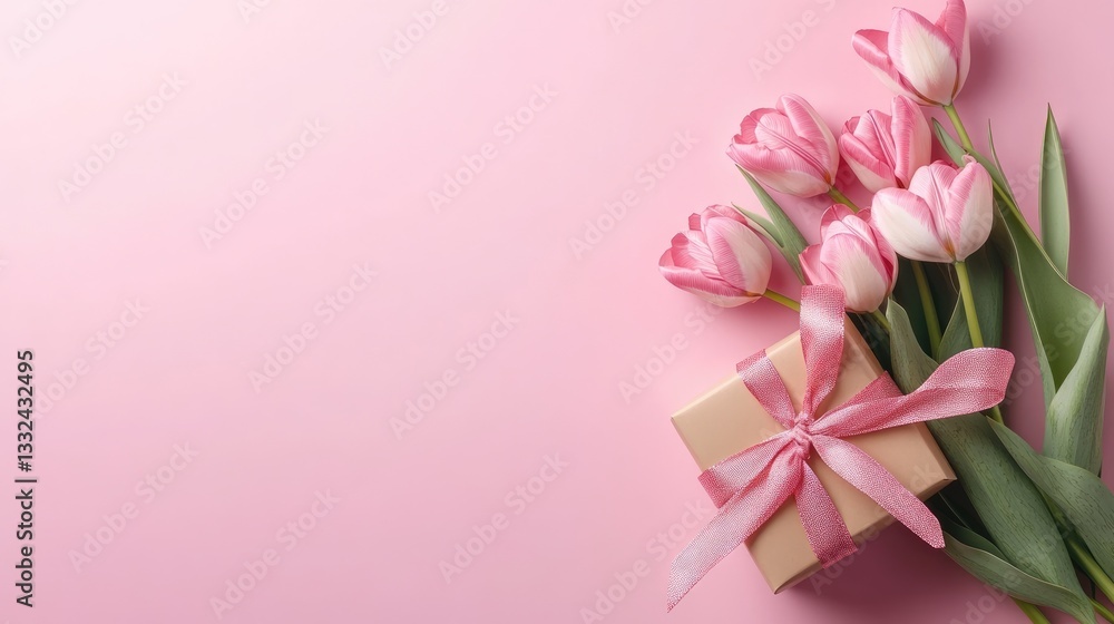 Mother's Day gift box arrangement with tulips and ribbon on pink background Mother's Day gift box arrangement with tulips and ribbon on pink background