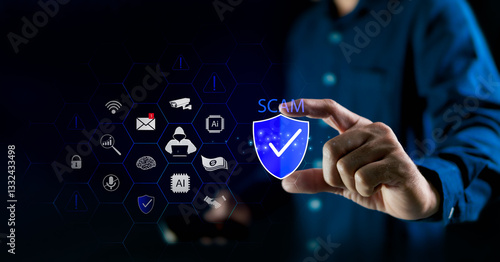 Preventing fraud from scammers, finding ways to protect against ill-wishers, social dangers in the technological age, and being aware of the current global situation.Hand with protection icon