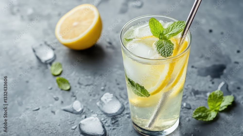 Refreshing Summer Beverage: Lemonade with Mint, Ice, in Glass with Metal Straw on Concrete Background Refreshing Summer Beverage: Lemonade with Mint, Ice, in Glass with Metal Straw on Concrete Background