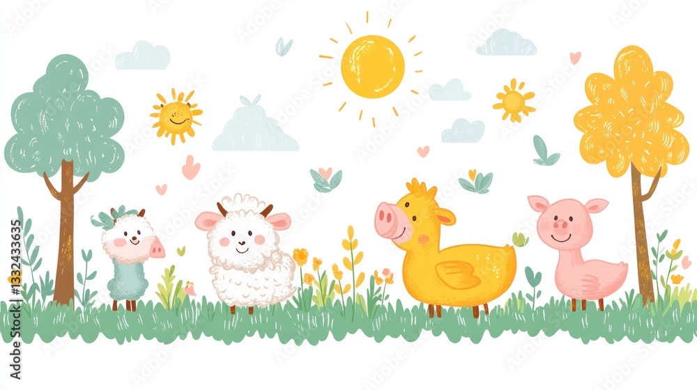 Naklejka premium Cute cartoon farm animals in a sunny meadow.